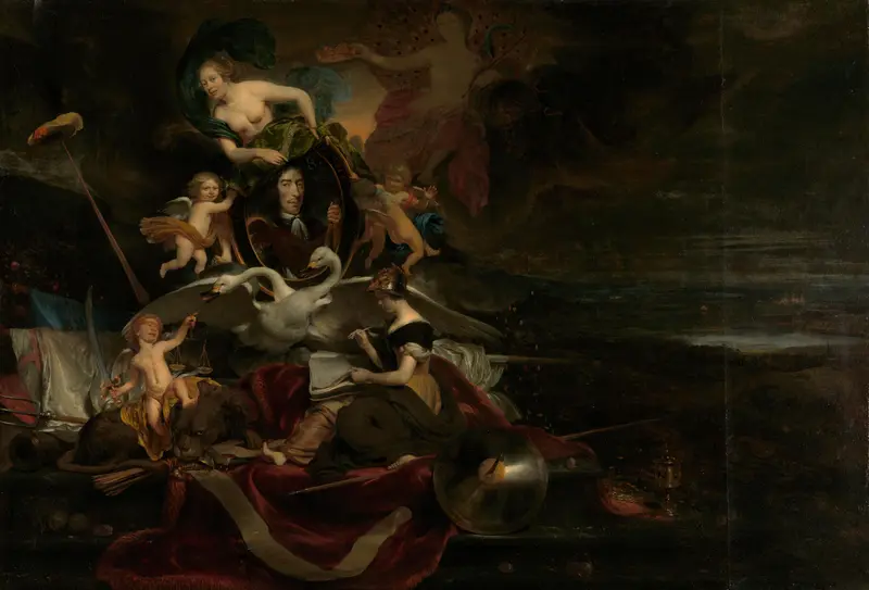 Allegory on the Dutch Raid on the Medway (1667), with a Portrait of Cornelis de Witt Wall Art by Cornelis Bisschop - High-Resolution Digital Print