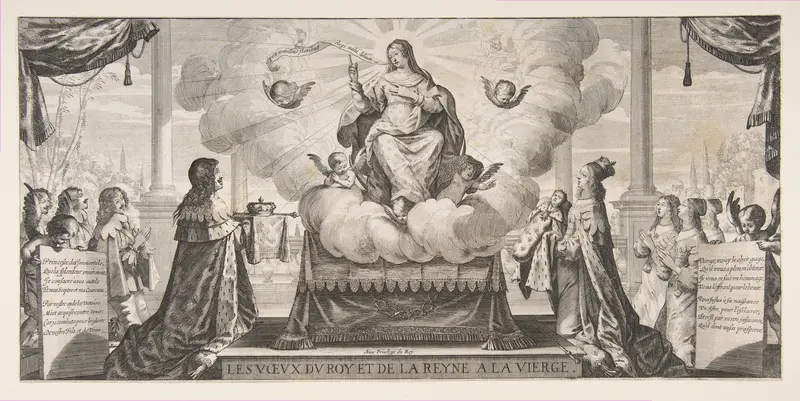 Almanach for 1639: Louis XIII and Anne of Austria Entrusting the Kingdom and the Prince under the Protection of the Virgin Wall Art by Abraham Bosse - High-Resolution Digital Print