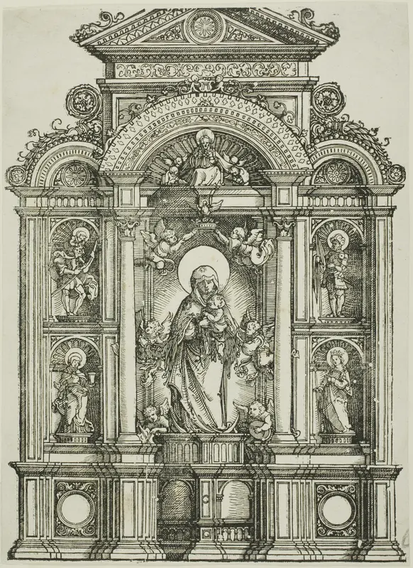 Altarpiece with the Beautiful Virgin of Regensburg and Saints Christopher, Mary Magdalen, Florian and Catherine Standing in Niches, with God the Father Above Wall Art by Albrecht Altdorfer - High-Resolution Digital Print