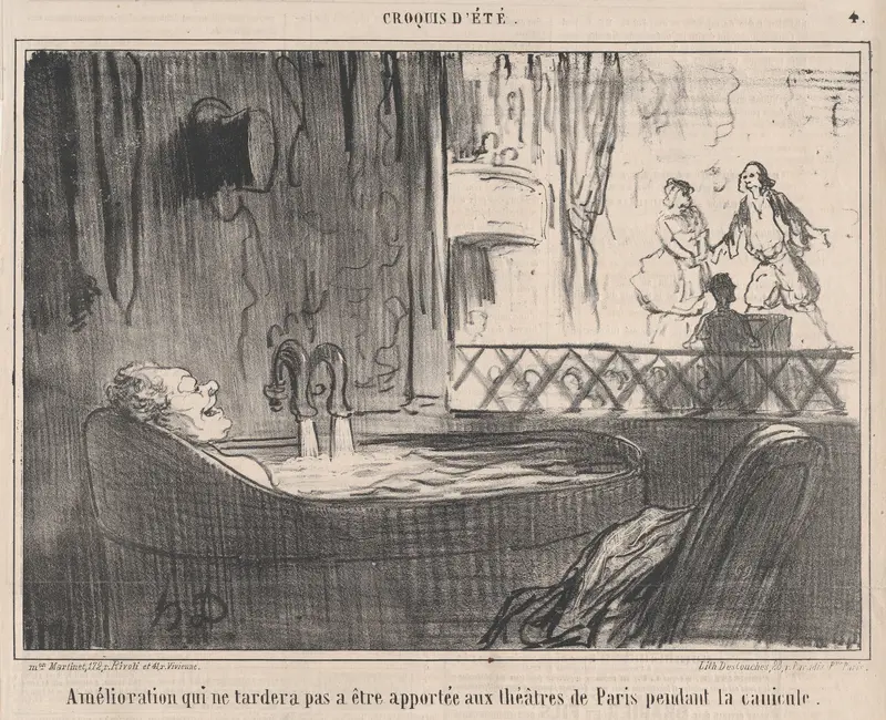 Amélioration qui ne tardera pas a être apportée aux théâtres de Paris pendant la canicule., from Croquis d'Été, published in Le Charivari, August 16-17, 1859 Wall Art by Honoré Daumier - High-Resolution Digital Print