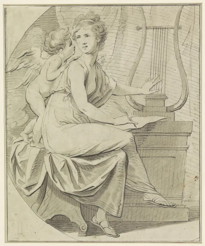 Amor inspireert een jonge vrouw, die met de ene hand een lier tokkelt, en met de andere hand schrijft Wall Art by Angelica Kauffmann - High-Resolution Digital Print