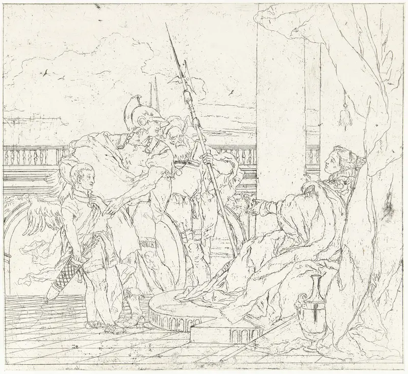 Amor vermomd als Aeneas zoon Ascanius wordt aan Dido voorgesteld tijdens feestmaal Wall Art by Giovanni Domenico Tiepolo - High-Resolution Digital Print
