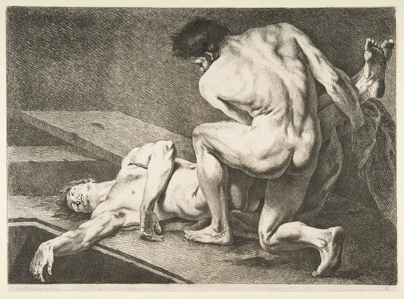 An "Académie": One Man Lifting the Legs of Another Man Wall Art by Carle (Charles André) Vanloo - High-Resolution Digital Print