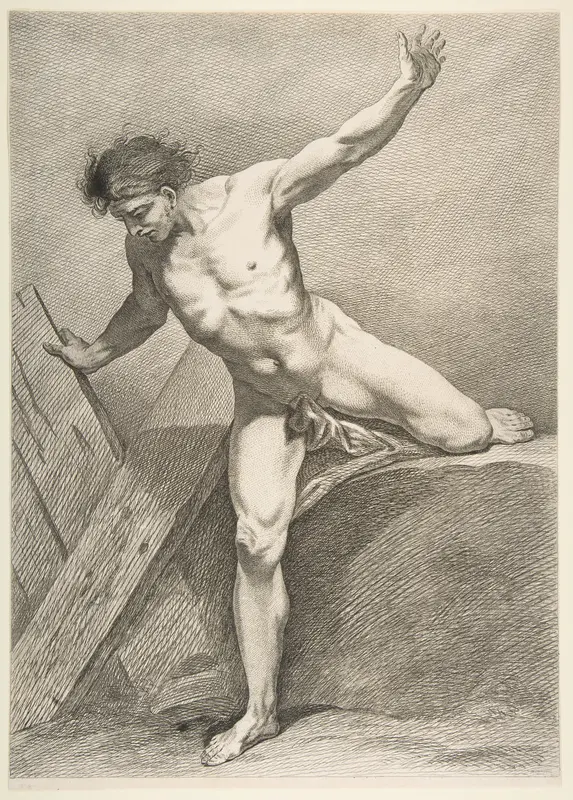 An "Académie": Striding Man Leaning on a Plank Wall Art by Carle (Charles André) Vanloo - High-Resolution Digital Print