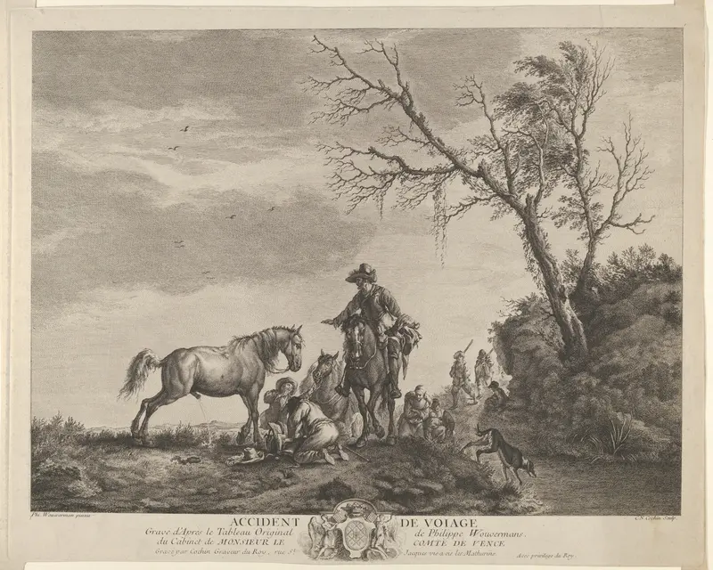 An accident while traveling, a kneeling man fixing a broken saddle, a horse pissing at the left Wall Art by Charles Nicolas Cochin I - High-Resolution Digital Print