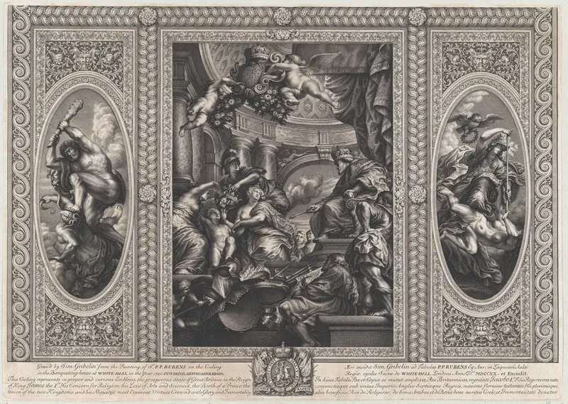 An allegorical scene showing the benefits of James' reign at center, Wise Government trampling Rebellion at right, and Liberty trampling Avarice at left Wall Art by Simon Gribelin II - High-Resolution Digital Print