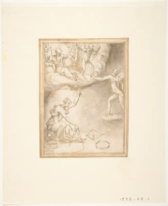 An Allegory: Female Figure with a Compass, God the Father Seated on Clouds, and a Demon Wall Art by Prospero Fontana - High-Resolution Digital Print