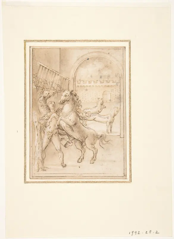 An Allegory: Male Nude in a Stable with Four Wild Horses Wall Art by Prospero Fontana - High-Resolution Digital Print
