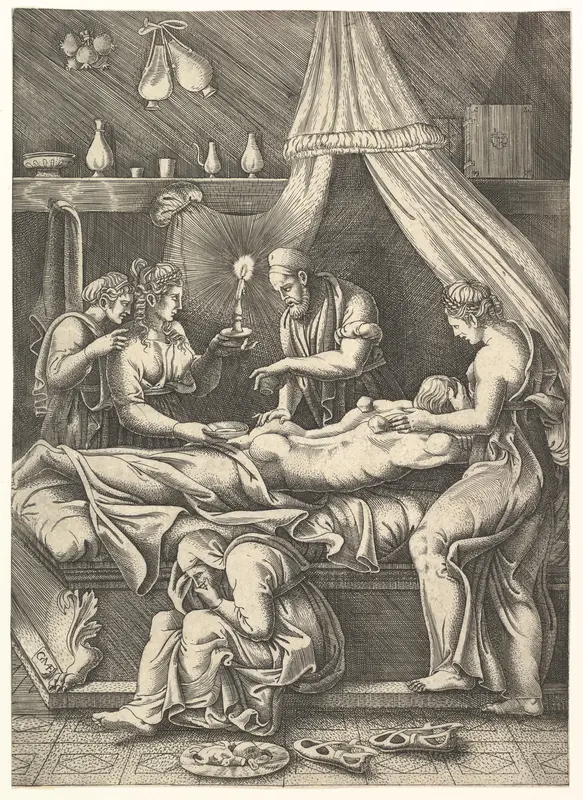 An allegory of sickness, man laying prostrate on a bed surrounded by figures