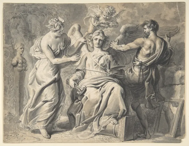 An Allegory of the Arts with Isis and Geometry Attending the Three-headed Figure of Painting and Sculpture, a Putto Crowning her with Laurels Wall Art by Erasmus Quellinus - High-Resolution Digital Print