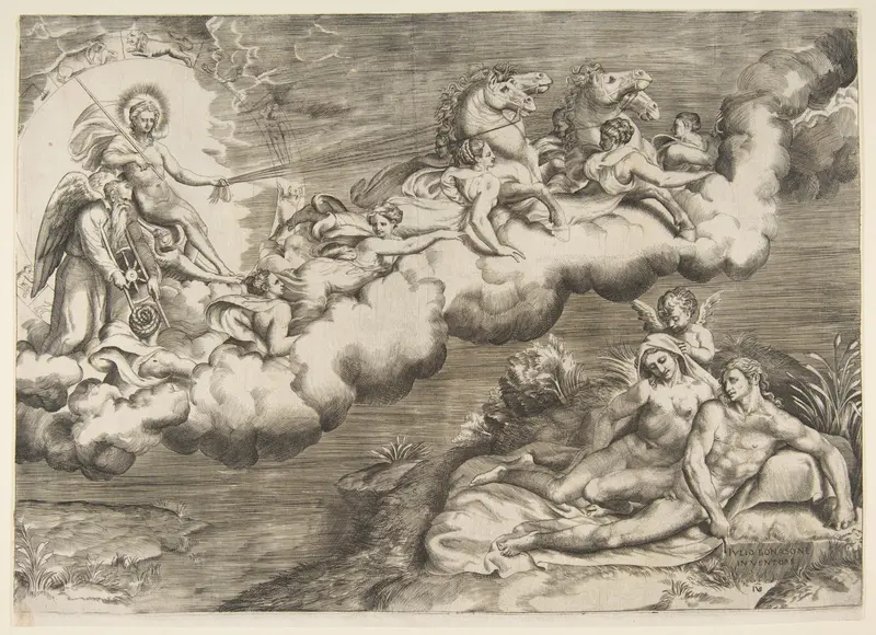 An allegory of the rising sun, a naked man wearing a shroud and accompanied Father Time is being drawn by horses Wall Art by Giulio Bonasone - High-Resolution Digital Print