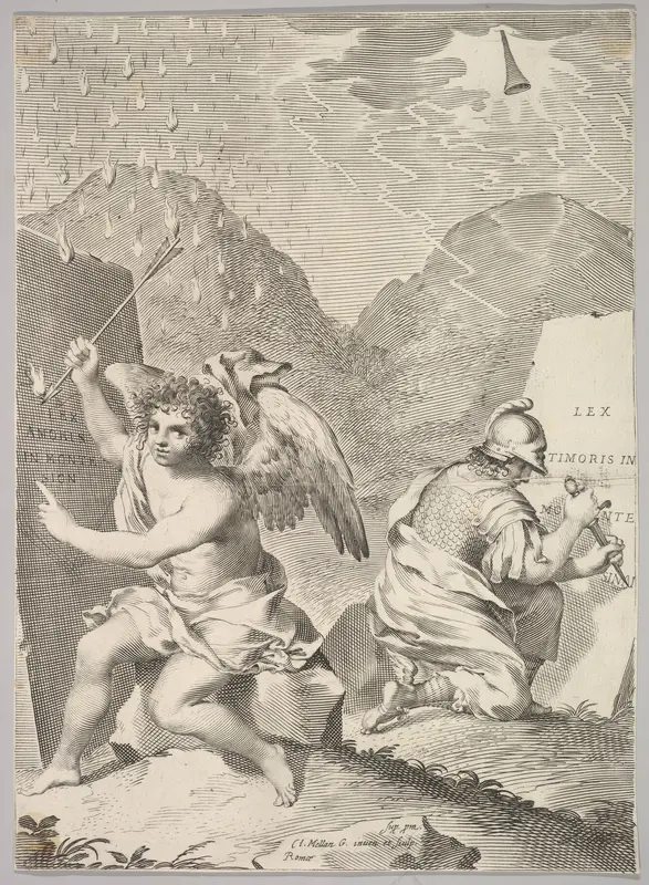 An Angel and a Soldier Inscribe Stone Slabs Wall Art by Claude Mellan - High-Resolution Digital Print