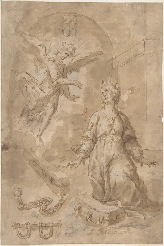 An Angel Appearing to Saint Catherine of Alexandria in Prison (recto); Volute (verso) Wall Art by Anonymous, Spanish, School of Seville, 17th century - High-Resolution Digital Print
