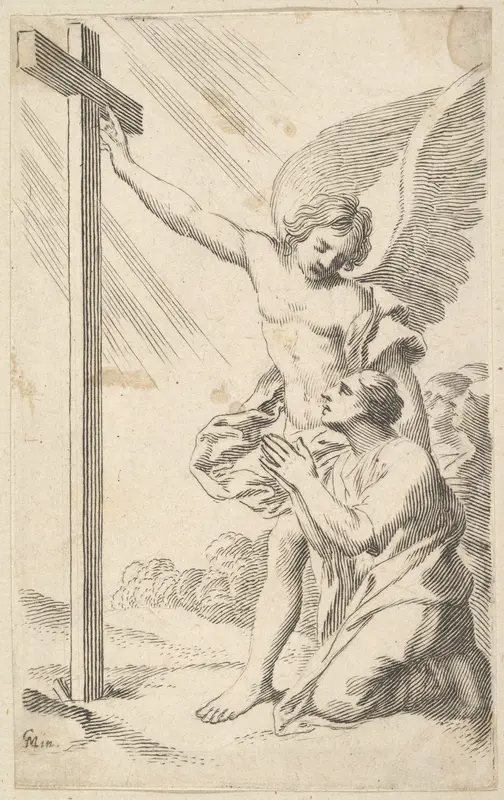 An Angel Indicates a Cross to a Man Kneeling Wall Art by Claude Mellan - High-Resolution Digital Print