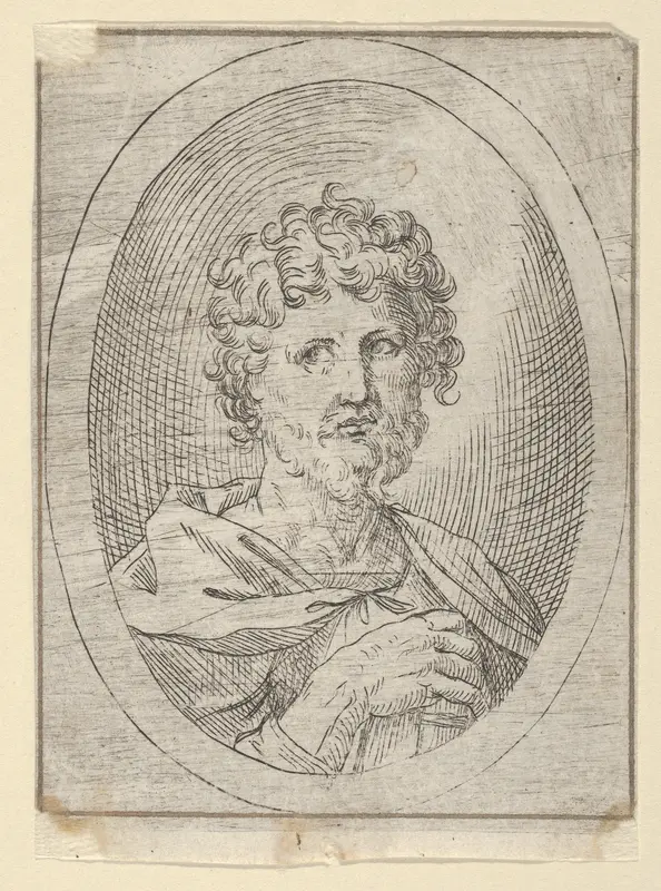 An apostle holding a closed book and looking to the left, in an oval frame, from "Christ, the Virgin, and Thirteen Apostles" Wall Art by Anonymous, 17th century - High-Resolution Digital Print