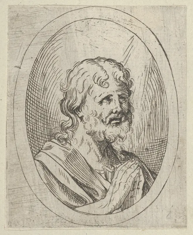 An apostle raising his eyes in prayer, in an oval frame, from "Christ, the Virgin, and Thirteen Apostles" Wall Art by Anonymous, 17th century - High-Resolution Digital Print