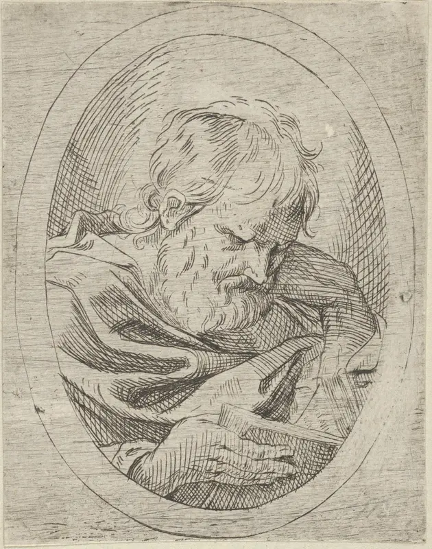 An apostle resting his head on his left hand and reading a book, in an oval frame, from "Christ, the Virgin, and Thirteen Apostles" Wall Art by Anonymous, 17th century - High-Resolution Digital Print