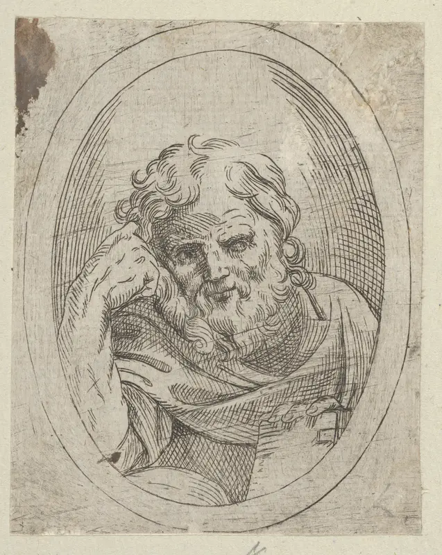 An apostle resting his head on his right hand and holding a book, in an oval frame, from "Christ, the Virgin, and Thirteen Apostles" Wall Art by Anonymous, 17th century - High-Resolution Digital Print