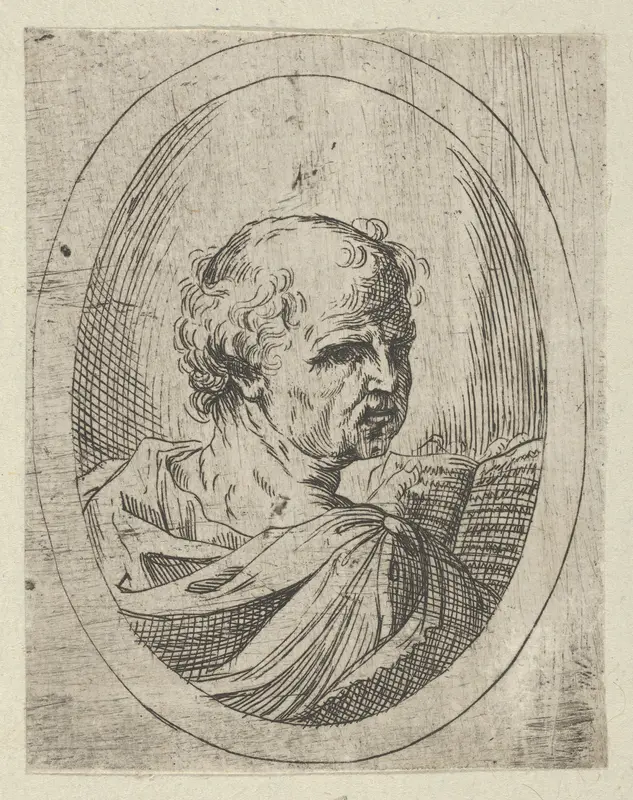 An apostle seen from behind and turning to the right, holding an open book, in an oval frame, from "Christ, the Virgin, and Thirteen Apostles" Wall Art by Anonymous, 17th century - High-Resolution Digital Print