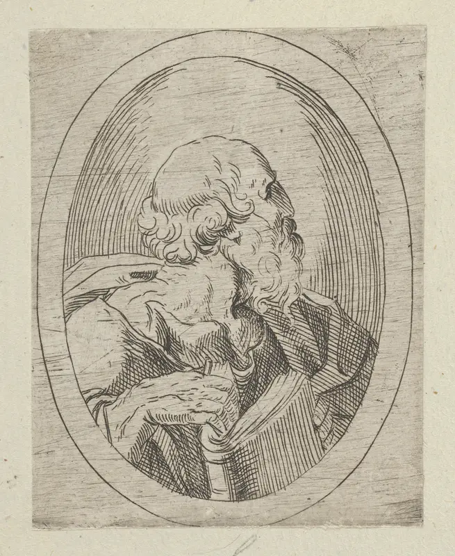 An apostle seen in profile facing right, holding an open book, in an oval frame, from "Christ, the Virgin, and Thirteen Apostles" Wall Art by Anonymous, 17th century - High-Resolution Digital Print