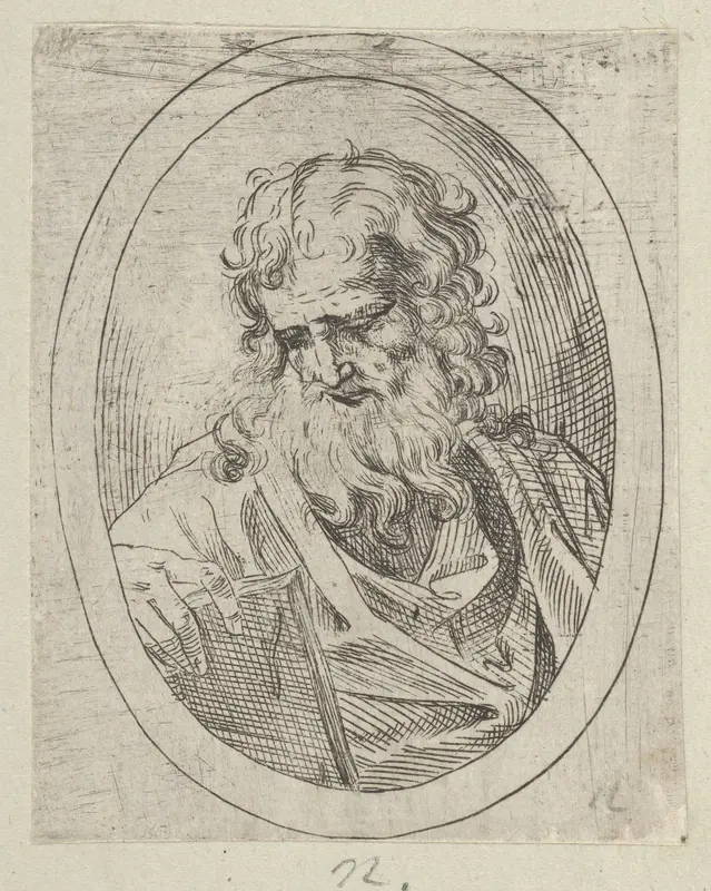 An apostle with a long beard looking down at an open book, in an oval frame, from "Christ, the Virgin, and Thirteen Apostles" Wall Art by Anonymous, 17th century - High-Resolution Digital Print