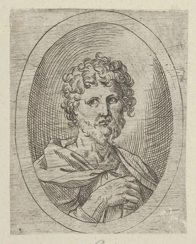 An apostle with a short beard holding a closed book, from "Christ, the Virgin, and Thirteen Apostles" Wall Art by Anonymous, 17th century - High-Resolution Digital Print