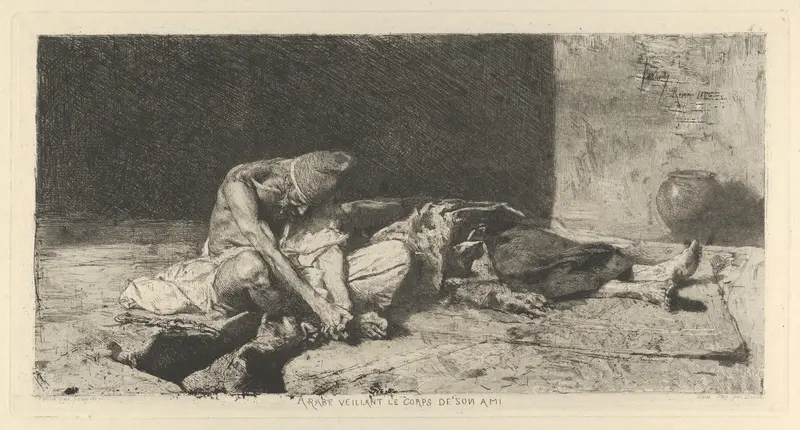 An Arabic man keeping watch over the dead body of his friend Wall Art by Mariano Fortuny, 1838–1874 - High-Resolution Digital Print
