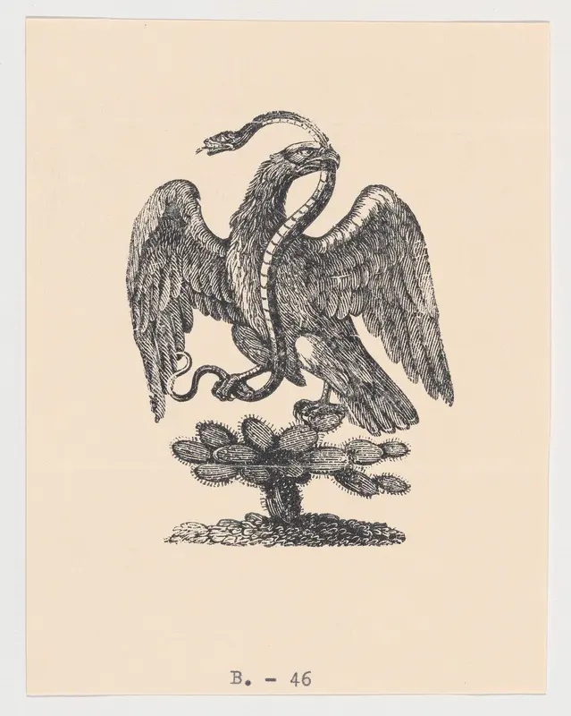 An eagle resting on a cactus holding a snake in its beak (from the Mexican coat of arms) Wall Art by Anonymous - High-Resolution Digital Print