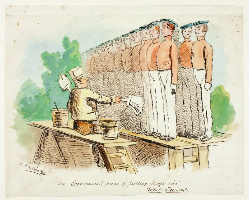 An Economical Mode of Putting Troops into White Trousers Wall Art by John Leech - High-Resolution Digital Print