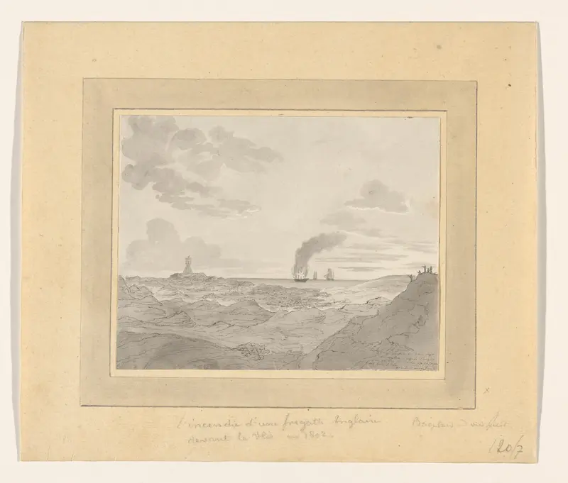 An English frigate on fire off the coast of Vlieland Wall Art by Unknown - High-Resolution Digital Print