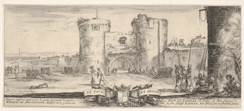 An entrance to a fortress in center, a woman with child seated by a fire to right, soldiers gather to right and in center, cannons in landscape to left, title page for "Peace and War" (Divers desseins tant pour la paix que pour la guerre) Wall Art by Stefano della Bella - High-Resolution Digital Print