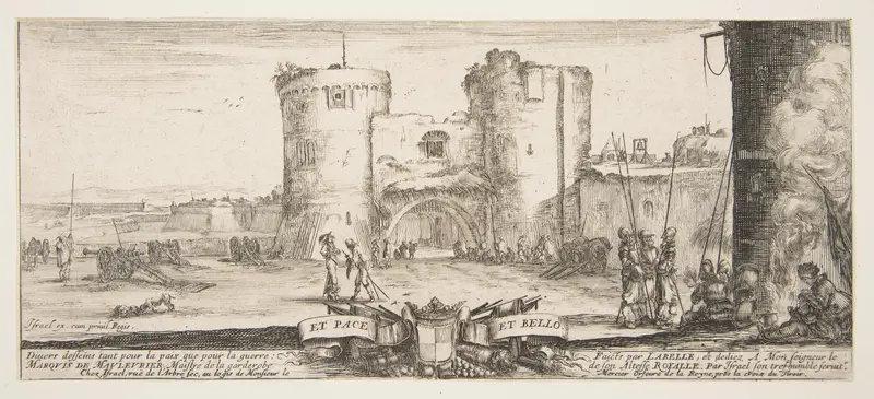 An entrance to a fortress in center, a woman with child seated by a fire to right, soldiers gather to right and in center, cannons in landscape to left, title page from "Peace and War" (Divers desseins tant pour la paix que pour la guerre) Wall Art by Stefano della Bella - High-Resolution Digital Print