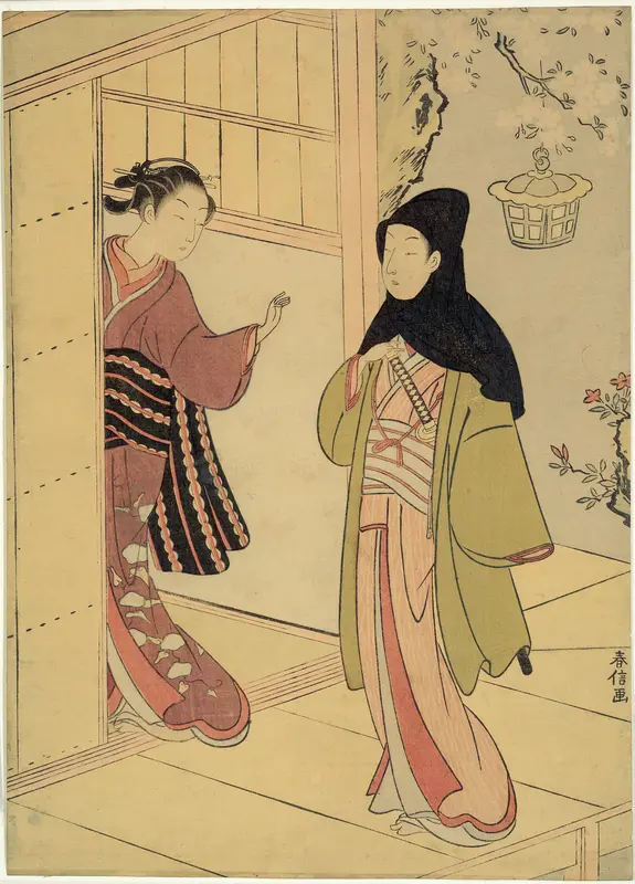 An Evening Visit (A Parody of Junidan Soshi) Wall Art by Suzuki Harunobu - High-Resolution Digital Print