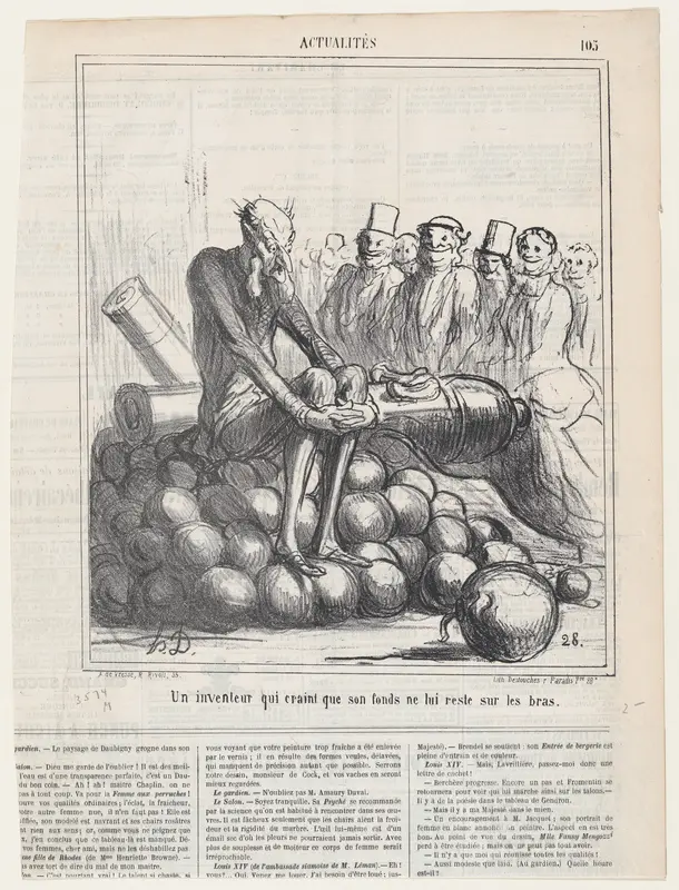 An inventor who is afraid of getting stuck, sitting on his stock, from 'News of the day,' published in Le Charivari, May 31, 1867 Wall Art by Honoré Daumier - High-Resolution Digital Print