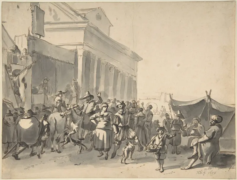 An Italian City with a Crowd Watching Actors in an Outdoor Theater Wall Art by Hendrick Verschuring - High-Resolution Digital Print
