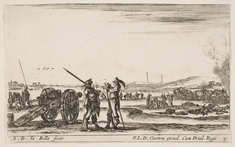 An officer giving orders to a soldier in centre foreground, cannon at left, plate 3 from "Various Military Caprices" (Varii capricci militari) Wall Art by Stefano della Bella - High-Resolution Digital Print