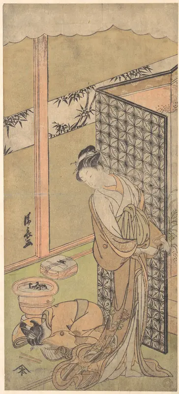 An Oiran in Night Attire, pausing, with one Hand on the Screen that Surrounds Her Bed