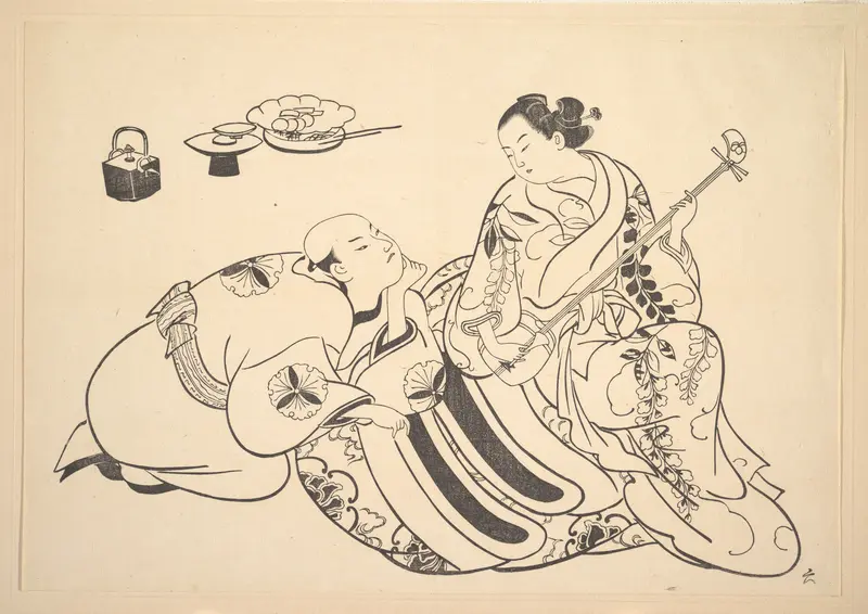 An Oiran Playing the Shamisen to a Young Man Kneeling by Her Side in Rapt Attention