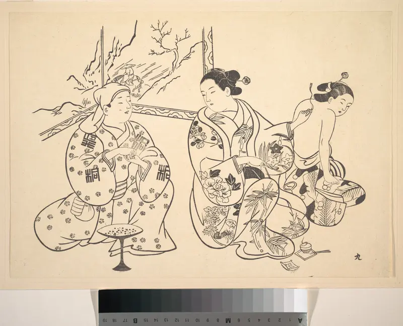 An Oiran Seated in a Parlor Applies the Fire Treatment to the Bared Back of Another Woman