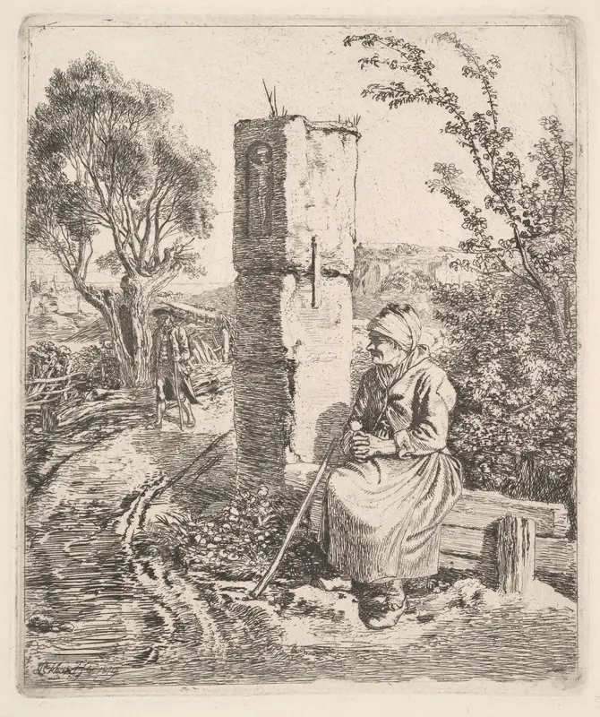 An Old Lady Sitting Near a Pillar at Side of Road Wall Art by Johann Christoph Erhard - High-Resolution Digital Print