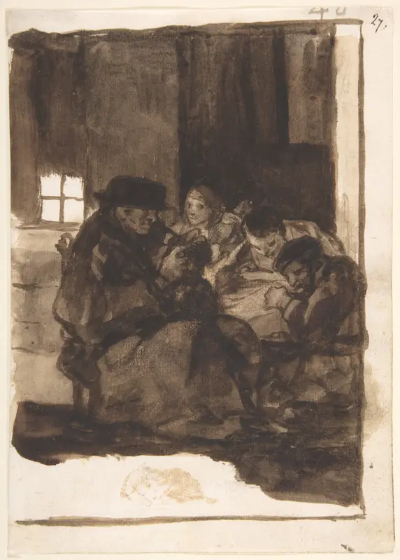 An old man delousing a boy accompanied by three figures, a cat in the foreground; page 40 from the "Images of Spain" Album (F)