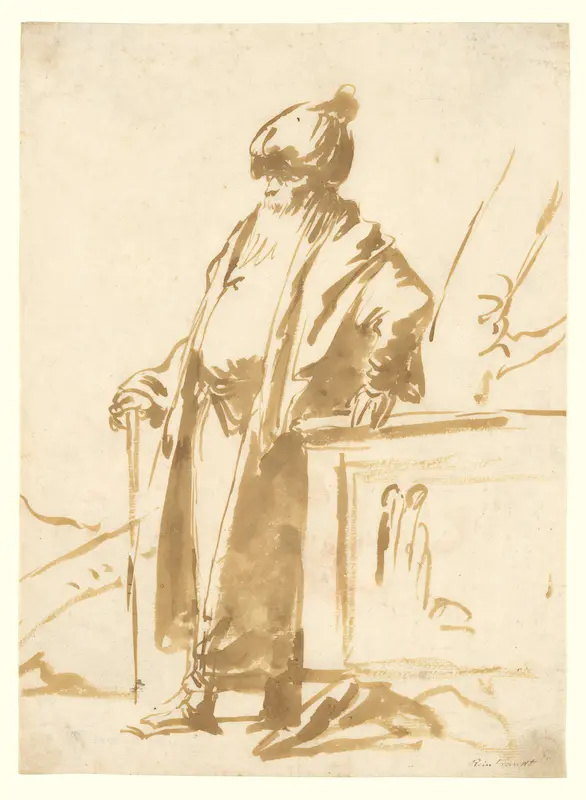 An Old Man in Oriental Dress, Standing by a Pagan Altar Wall Art by Giovanni Domenico Tiepolo - High-Resolution Digital Print