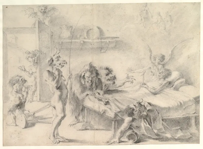 An Old Man on His Deathbed Tempted by Demons (recto); Back View of a Male Nude (verso) Wall Art by Aureliano Milani - High-Resolution Digital Print