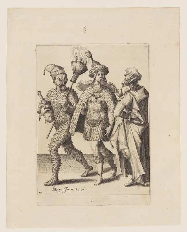An Old Mummer Addressing a Couple Dressed in Leaves and Bird Feathers, from The Masquerades Wall Art by Jacob de Gheyn, II - High-Resolution Digital Print