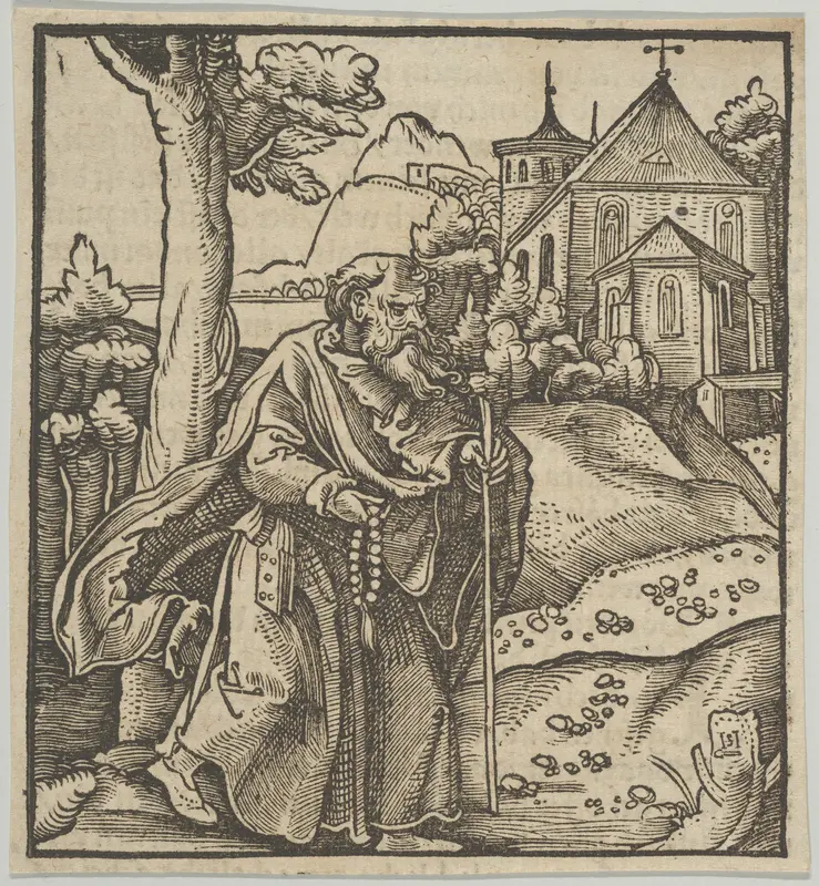 An Old Pilgrim Walking to the Right, from Hymmelwagen auff dem, wer wol lebt... Wall Art by Hans Schäufelein - High-Resolution Digital Print