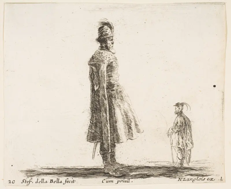 An old Polish nobleman wearing a plumed hat in center, standing in profile facing right, another Polish man to right in background, standing in profile facing left, plate 20 from "Diversi capricci" Wall Art by Stefano della Bella - High-Resolution Digital Print