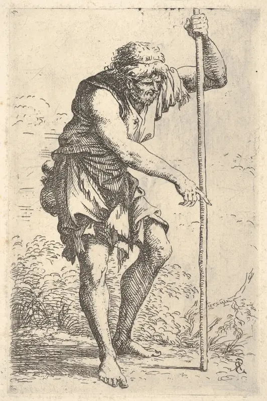 An old, ragged man with a gourd on his hip walking with a staff, from "Figurine" Wall Art by Salvator Rosa - High-Resolution Digital Print