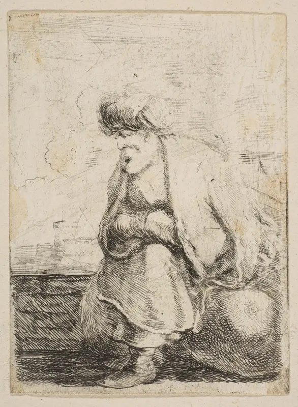 An Old Turk Seated on a Stone Wall Art by Stefano della Bella - High-Resolution Digital Print