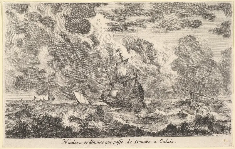 An ordinary ship travelling between Douvre and Calais (Naviere ordinaire qui passe de Douvre a Calais), from "Views of seaports" (Vues de ports de mar) Wall Art by Stefano della Bella - High-Resolution Digital Print