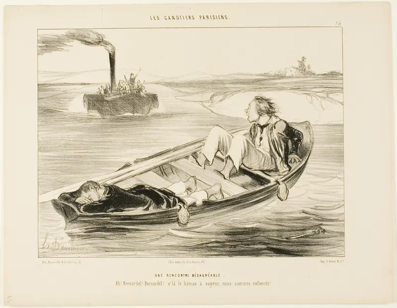 An Unpleasant Encounter. “Bernardel, Bernardel! Here comes the steamer... we will sink!,” plate 16 from Les Canotiers Parisiens